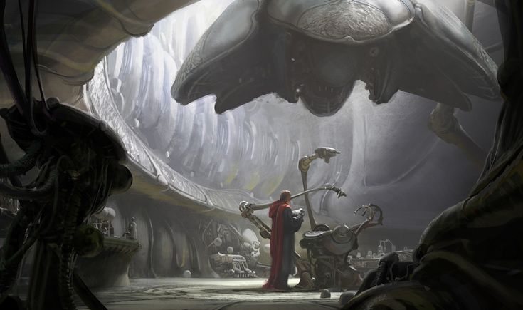 the image depicts a dark and surreal science fiction scene reminiscent of h.r. giger's work. a large, biomechanical structure dominates the top of the frame, possibly an alien ship or machine. the setting appears to be a cavernous space with intricate organic machinery and architecture. a humanoid figure wearing a red cloak stands in the center, seemingly interacting with the technology. the atmosphere is dark and atmospheric, emphasizing the surreal and futuristic nature of the environment.