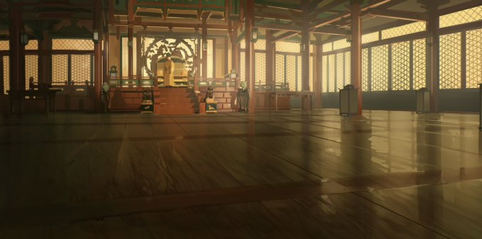 the image showcases a grand, empty throne room, seemingly belonging to an east asian palace. bathed in the warm, orange hues of a setting sun, the spacious hall exudes an air of tranquility.  the perspective is from a low vantage point, emphasizing the vastness of the space and the intricate architectural details. polished wooden floors gleam, reflecting the golden light pouring through the ornate lattice windows.  a majestic throne, seemingly carved from rich wood, takes center stage. though unoccupied, the grandeur of the room speaks volumes about the power it represents.  the overall ambiance is one of quiet majesty, imbued with a sense of history and grandeur.