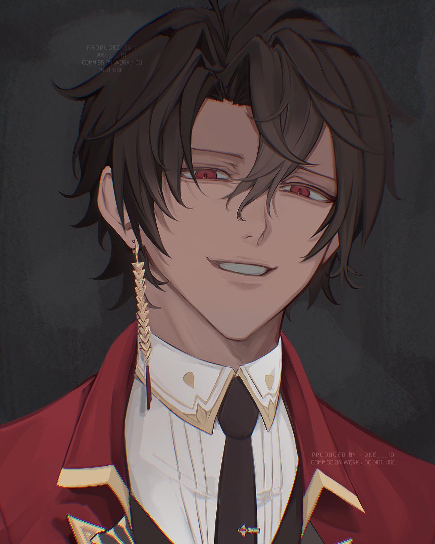 a head and shoulder portrait illustration of an anime boy with dark hair and red eyes in semirealistic style. he has a smirk on his face and wears a red jacket with gold accents over a white dress shirt and a black undershirt. he also wears a long, dangling earring on his right ear. the background is dark gray.