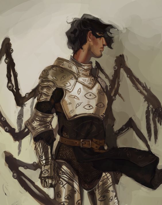 a knight in plate armor covered in eyes stands in profile. they have large, spidery wings that extend from their back, also covered in eyes.