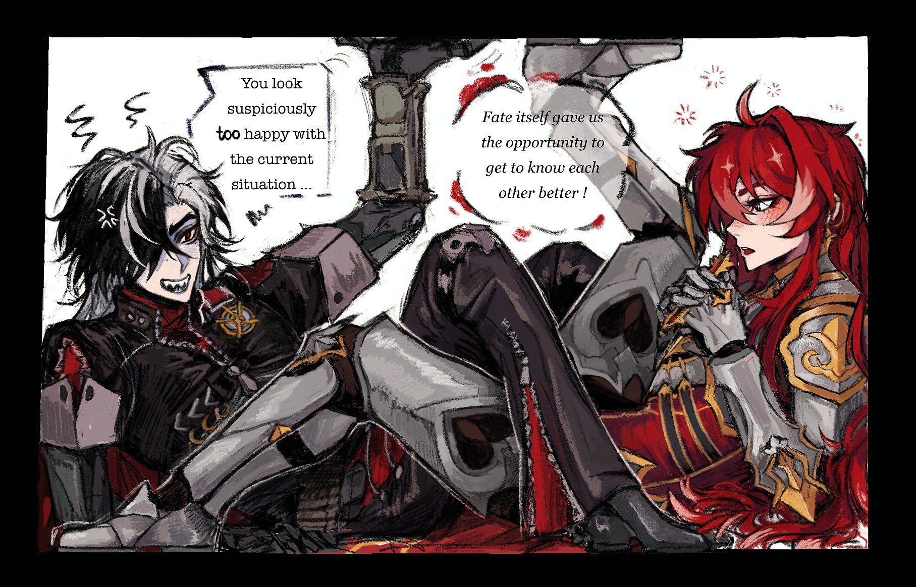 he image is a digital fanart depicting two animestyle characters in a close embrace. the male character has long white hair and is wearing dark clothing with red accents. the female character has long red hair and is wearing gold and red armor. they appear to be in a battle or postbattle scene, with weapons and skull imagery present. dialogue bubbles reveal their interactions, suggesting a suspicious happiness and a newly formed relationship. the style is dark and detailed with a blend of sketchy and polished elements.
