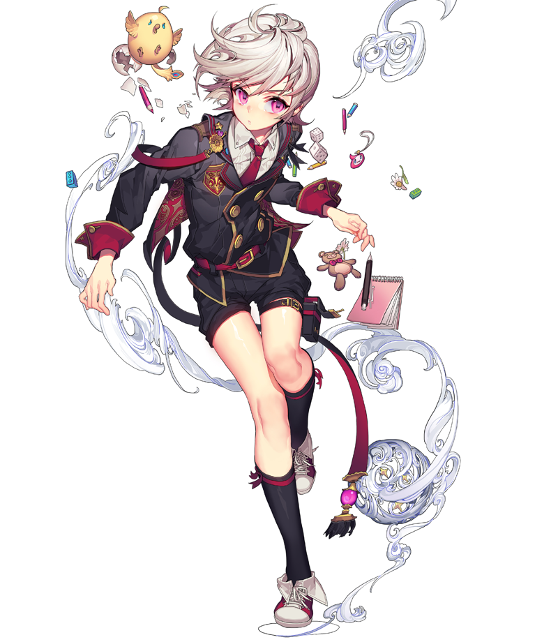 the image showcases a young anime girl, her white hair styled in a playful updo, accented with a single strand cascading down her forehead. she's clad in a meticulously detailed school uniform. the palette is dominated by a stark contrast of black and white, reflecting the attire, further accentuated by splashes of red and pink in her uniform and accessories. the girl is dynamically posed, suggesting movement, and is surrounded by swirling, ethereal smoke, hinting at a magical ambiance. this, coupled with the floating objects – a book, pencils, a teddy bear, and a chicklike creature – further emphasizes the fantastical nature of the artwork.