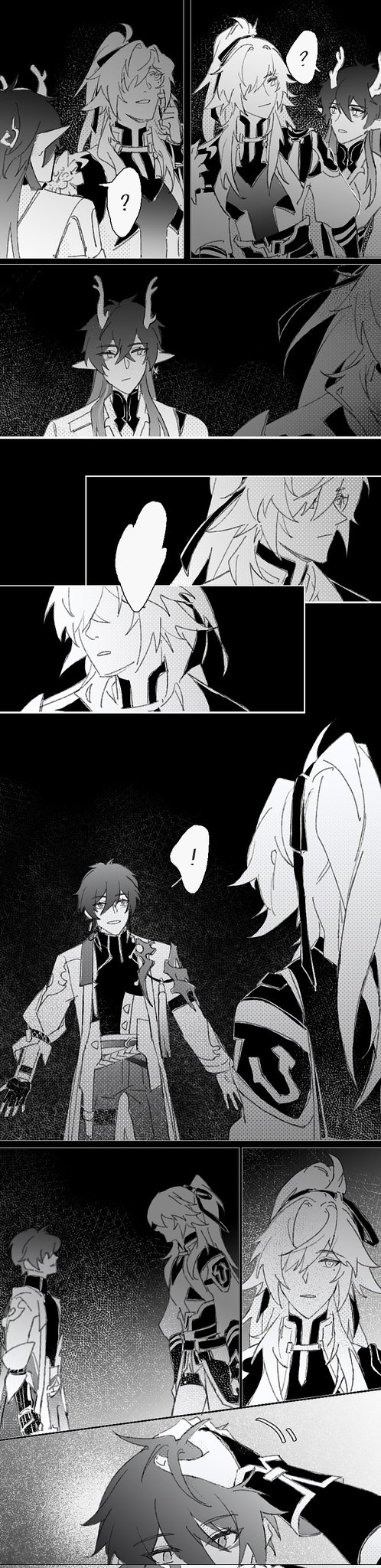 the image is a black and white manga panel. it shows several characters in different panels, some of them are speaking. it appears the characters are experiencing some kind of drama, possibly a breakup. the panels show a mix of sad and confused emotions.