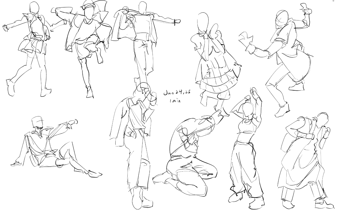 he image contains a collection of quick figure sketches, likely done in a oneminute pose session. the drawings are dynamic and expressive, capturing various poses and movements.  the style is loose and gestural, prioritizing the overall movement and energy of the figures rather than precise anatomical detail. the clothing styles are varied, hinting at fashion illustrations.  the date "jan 24, 2025" and "1 min" are visible, indicating when and how long each pose was likely held for.  the sketches are done in black ink or pencil on white paper.