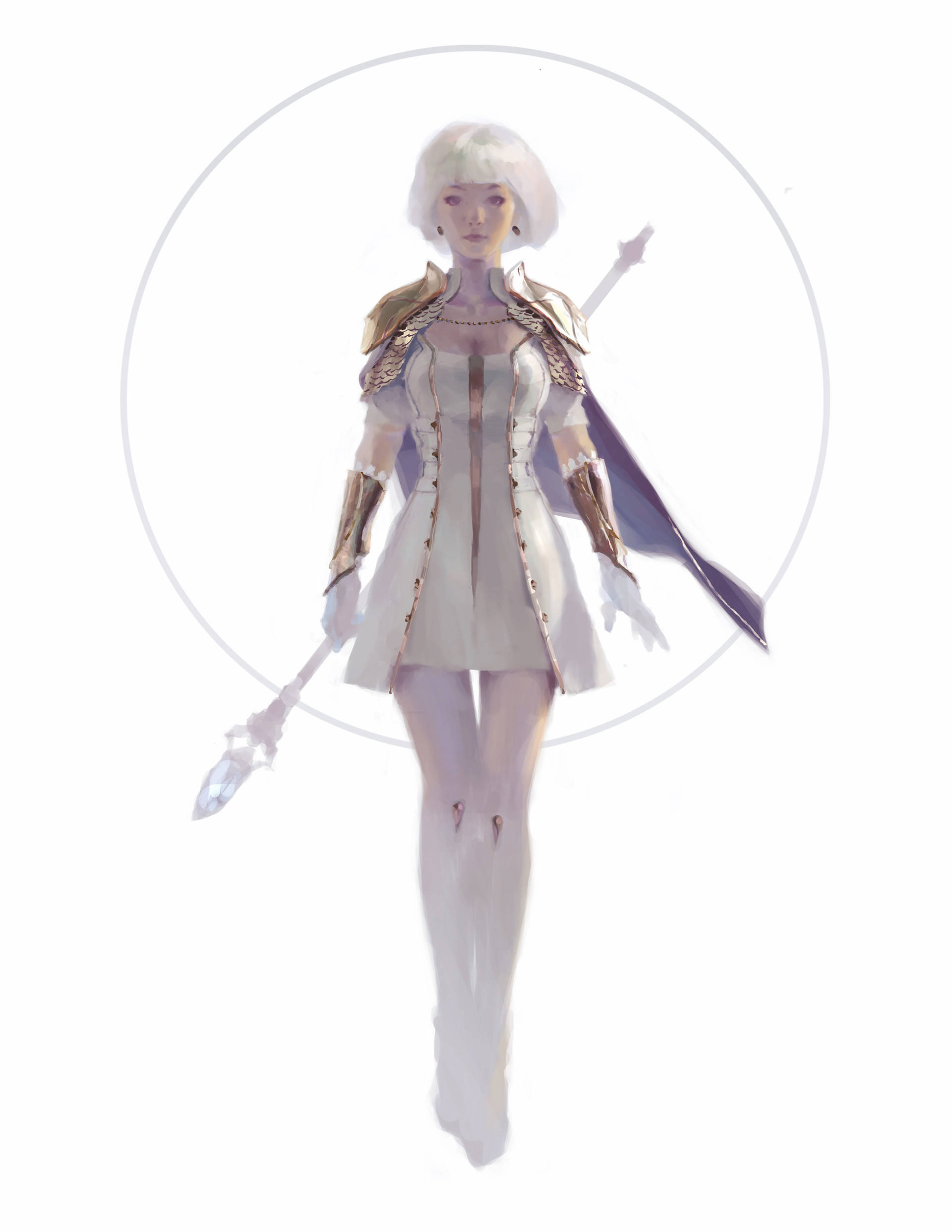 the image features a female character with short white hair and pale skin, floating slightly above the ground. she wears a white and gold dress with armored pauldrons and gauntlets, suggesting a warrior or paladin role. a flowing blue cape is draped over her shoulders. she holds a staff topped with a blue crystal, further hinting at magical abilities. a large, simple white circle forms a halolike effect behind her head, contributing to the ethereal and otherworldly feel of the image. the overall color palette is light and airy, with whites, creams, and pale blues dominating the composition.