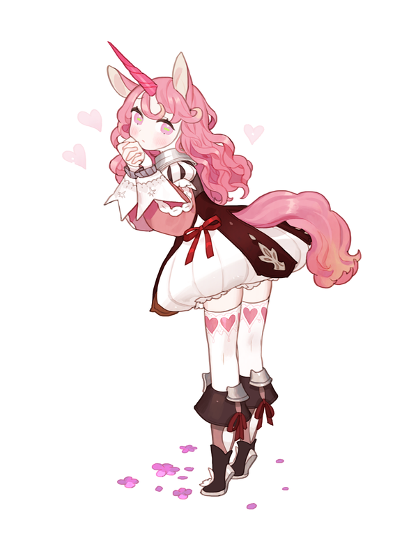 the image features a charming, animestyle illustration of a young unicorn girl. she is the central focus, standing against a plain white background. the girl exudes a sweet and innocent demeanor, with rosy cheeks and her hands clasped together near her face.  her attire is detailed and whimsical, hinting at a fantasy setting. she sports a pink and white dress with a red accent, thighhigh socks adorned with hearts, and armored boots. her pink unicorn horn and matching hair further enhance her magical, fairytalelike appearance. the overall color palette is soft and pastel, dominated by shades of pink and white, which contributes to the dreamy and lighthearted atmosphere of the illustration.