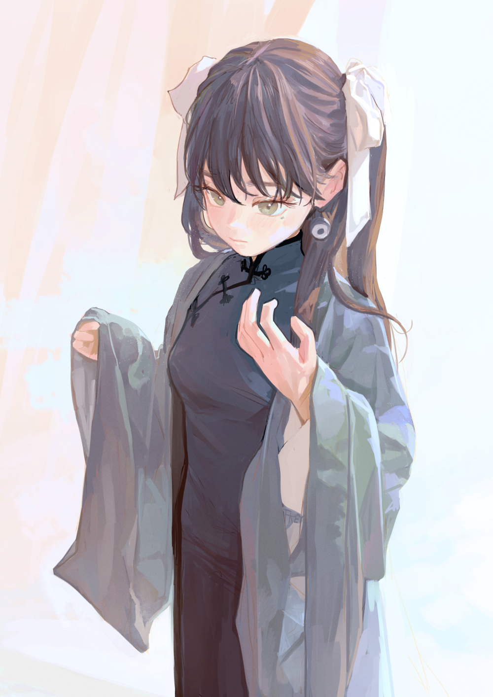 a portrait of an anime girl with brown hair tied in pigtails with white bows. she has green eyes and is wearing a dark cheongsam dress with a matching bluegray robe. she is looking down with her hand slightly raised.
