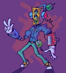 a stylized robot character stands dynamically, sporting headphones that resemble speakers and a microphone protruding from its head. the robot is outfitted with a bright blue jacket and green pants, accented with yellow elements and white gloves. its right arm morphs into a musical keyboard, while the overall design evokes a graffitiinspired aesthetic. the background features abstract shapes in contrasting purple and orange tones, amplifying the urban and vibrant feel of the illustration.