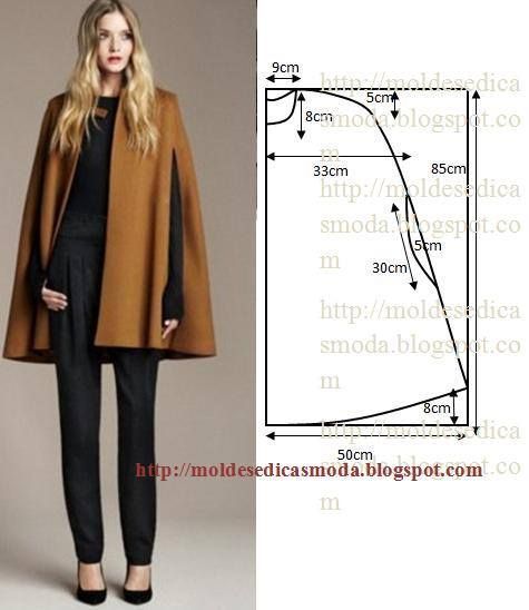 the image shows a woman wearing a brown cape next to a sewing pattern diagram for the cape. the diagram includes various measurements in centimeters.