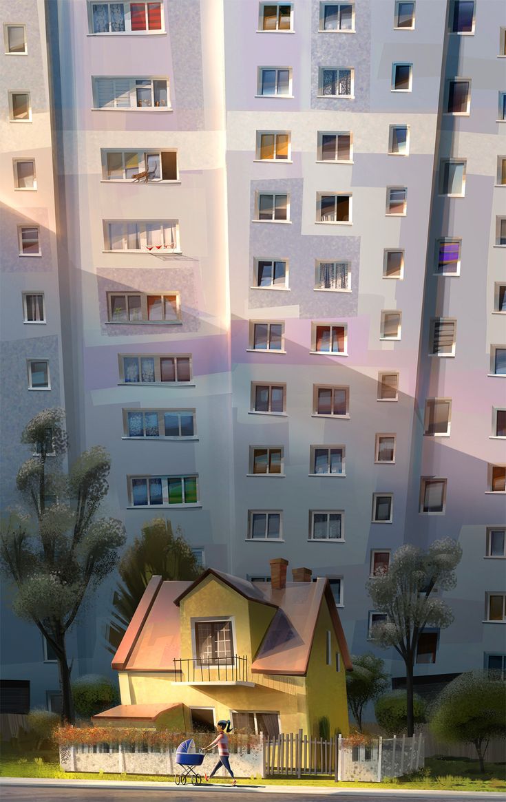 this whimsical image contrasts a small, yellow house against a towering apartment building. the scene is set on a sunny afternoon, with long shadows cast by the buildings and trees. a single person pushes a stroller down the sidewalk in front of the tiny home. the low angle view emphasizes the immense scale of the apartment complex in comparison to the cozy house.