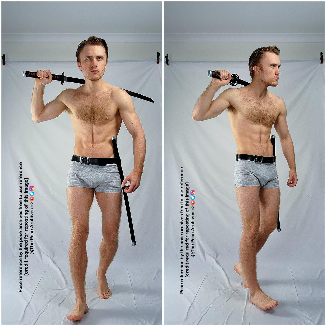 the image shows a muscular man in gray underwear posing in front of a white background. he is holding a sword in his right hand, and the image is split into two, showing slightly different poses. the lighting is soft and the perspective is at eye level. this image appears to be intended as a pose reference for artists.