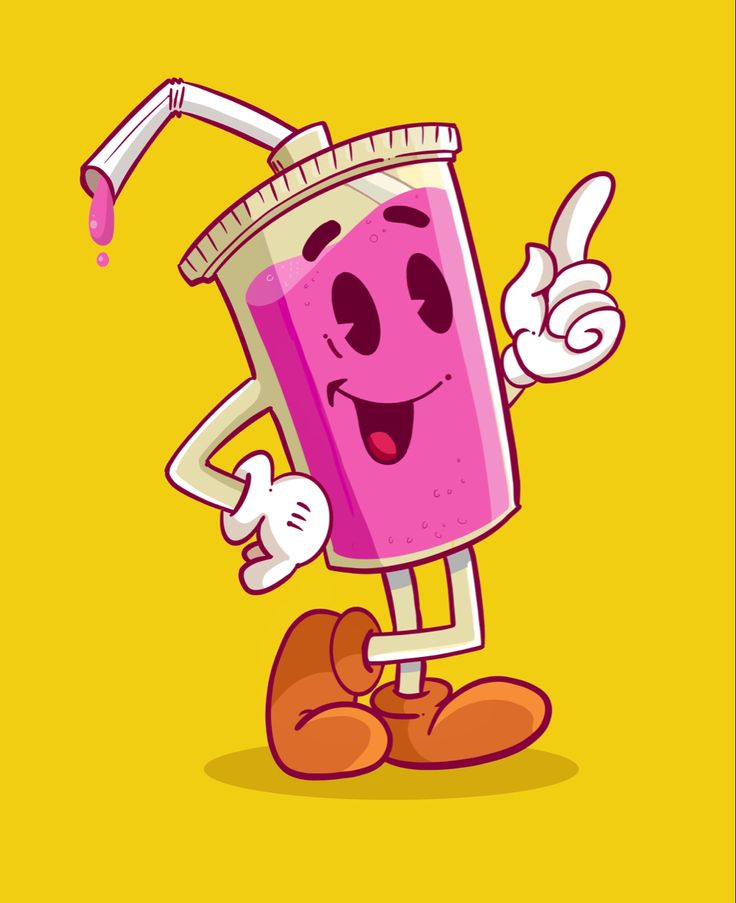 a cartoon illustration of a pink soda cup mascot character with a straw, smiling and pointing. the style is reminiscent of vintage cartoons with bold lines and flat colors.