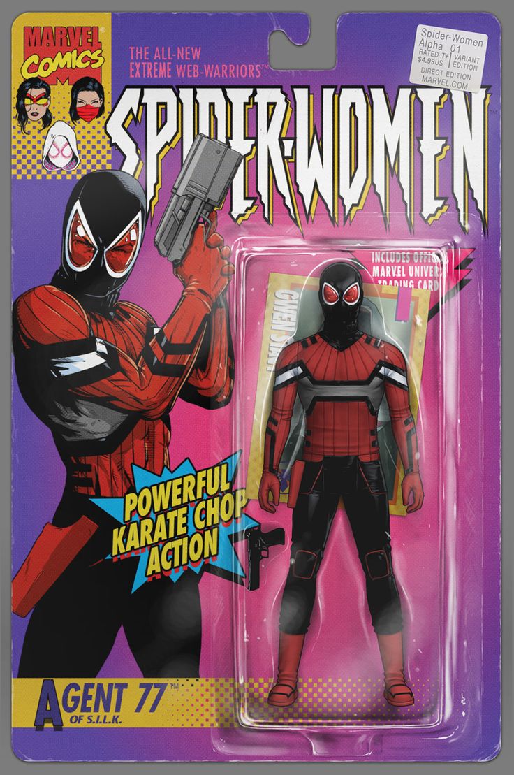 this is a retrostyle action figure card featuring spiderwomen. the card is pink and purple with the title "spiderwomen" in large letters. there is a cartoon image of gwen stacy as spiderwomen on the left side of the card. she is holding a gun in her right hand. on the right side of the card is a photo of the action figure of spiderwomen in a red and black suit, holding a smaller gun. the figure is standing on a white background.  the card includes a trading card of gwen stacy as spiderwomen. the card has a blue "powerfu karate chop action" bubble with a starburst effect. the card is framed in a plastic blister pack. the card is from the "marvel comics, extreme webwarriors" series.
