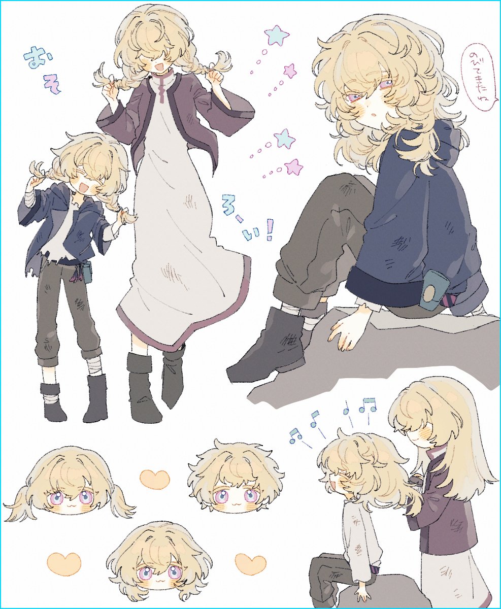 he image is a collection of adorable chibistyle anime/manga illustrations featuring a blondehaired girl in various poses and outfits.  there are several variations of the same character, including a younger version, and some are depicted in smaller, almost iconlike forms. the art style is soft and whimsical, with pastel colors and simple backgrounds. the overall mood is lighthearted and charming.  the characters have expressive eyes and sweet features.  there are also small decorative elements, such as hearts, stars, and musical notes, scattered throughout the image.