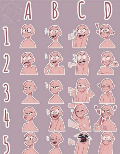 the image is a digital drawing meme or challenge template. it features a grid with lettered columns (ad) and numbered rows (15), totaling 20 slots. each slot contains a simple, stylized character outline depicting a different facial expression and sometimes hand gestures. this type of template is commonly used by artists to practice drawing a variety of emotions or for creating quick character expression sheets. the style is cartoonlike and evokes a lighthearted tone, often used in webcomics or character design for social media.
