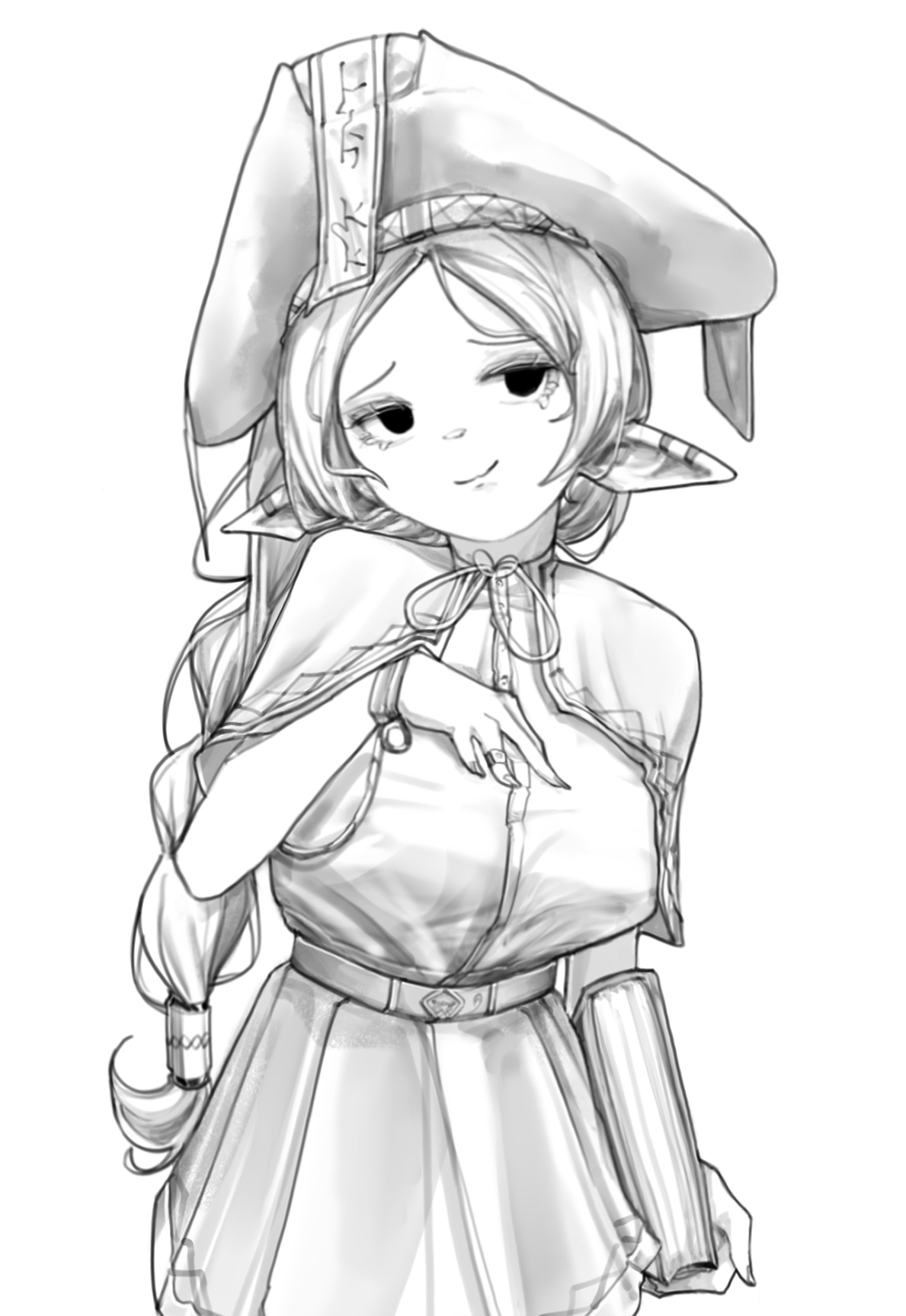 he image is a grayscale sketch or drawing of an animestyle female elf character. she is wearing a large hat reminiscent of a graduation cap or a scholar's hat, a dress with a capelike top and a belt, and carrying a book. she has long hair styled in a braid and has pointy ears. the overall style is whimsical and slightly playful, suggesting a fantasy setting or a character from a magical school. the character's expression is a subtle smirk or confident expression. the drawing style is loose and sketchy, emphasizing texture and form over sharp lines and details. the grayscale palette adds to the somewhat dreamy and ethereal quality of the image.