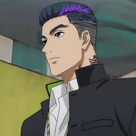 the image showcases a closeup of an animestyle male character. he exudes an air of confidence and style with his trendy undercut hairstyle, featuring a streak of purple. his attire, possibly a school uniform, comprises a black jacket with a white shirt underneath.  the background hints at an urban setting. the overall art style leans towards a modern and sleek aesthetic.