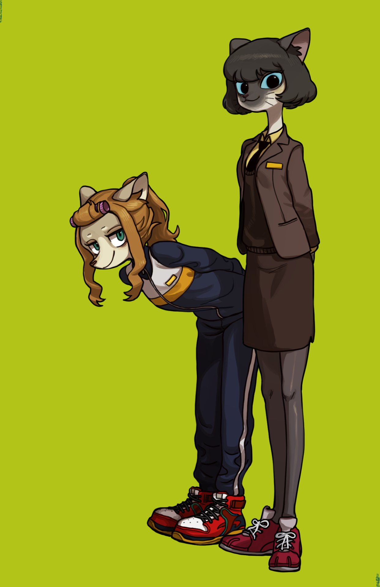 the image is an illustration of two anthropomorphic cats. the cat on the left is wearing a blue tracksuit and red sneakers. she is bending over and smiling. the cat on the right is wearing a brown jacket, a black skirt and white shoes. she is standing with her arms at her sides. they are standing on a green background.