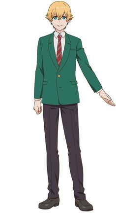 the image features an anime boy standing against a white background. he is wearing a green blazer, grey pants, and a red tie, suggesting a school uniform. his blonde hair and blue eyes stand out against the darker colors of his attire. his pose is formal and suggests a sense of confidence or seriousness.