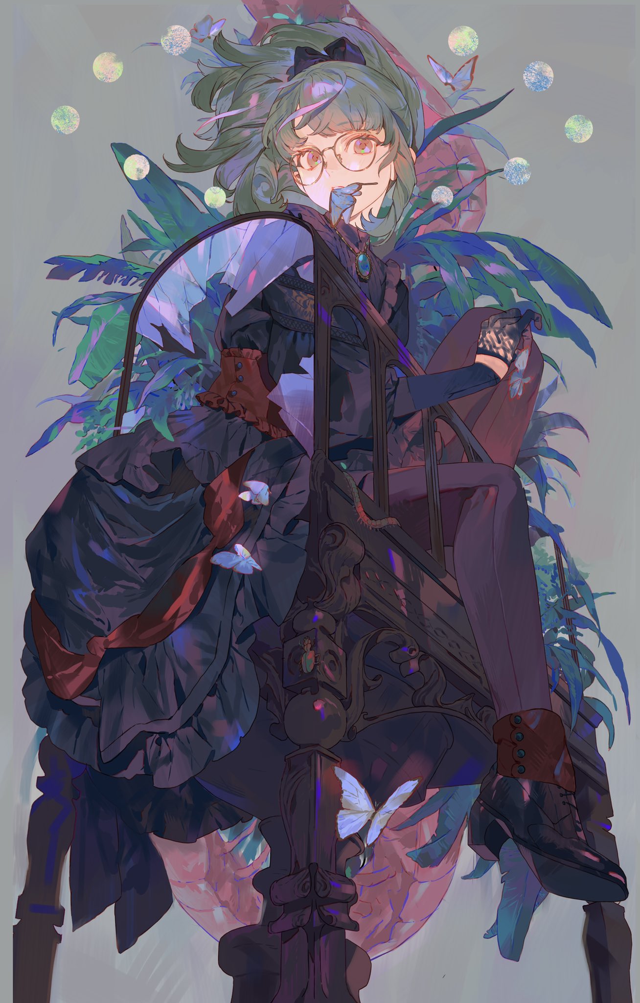an anime girl with green hair and glasses sits in an ornate, darkcolored chair. she wears a dark dress with frills and a red ribbon, and black boots. plants surround the chair, and bubbles and butterflies float in the air. the image is detailed and uses dark colors.