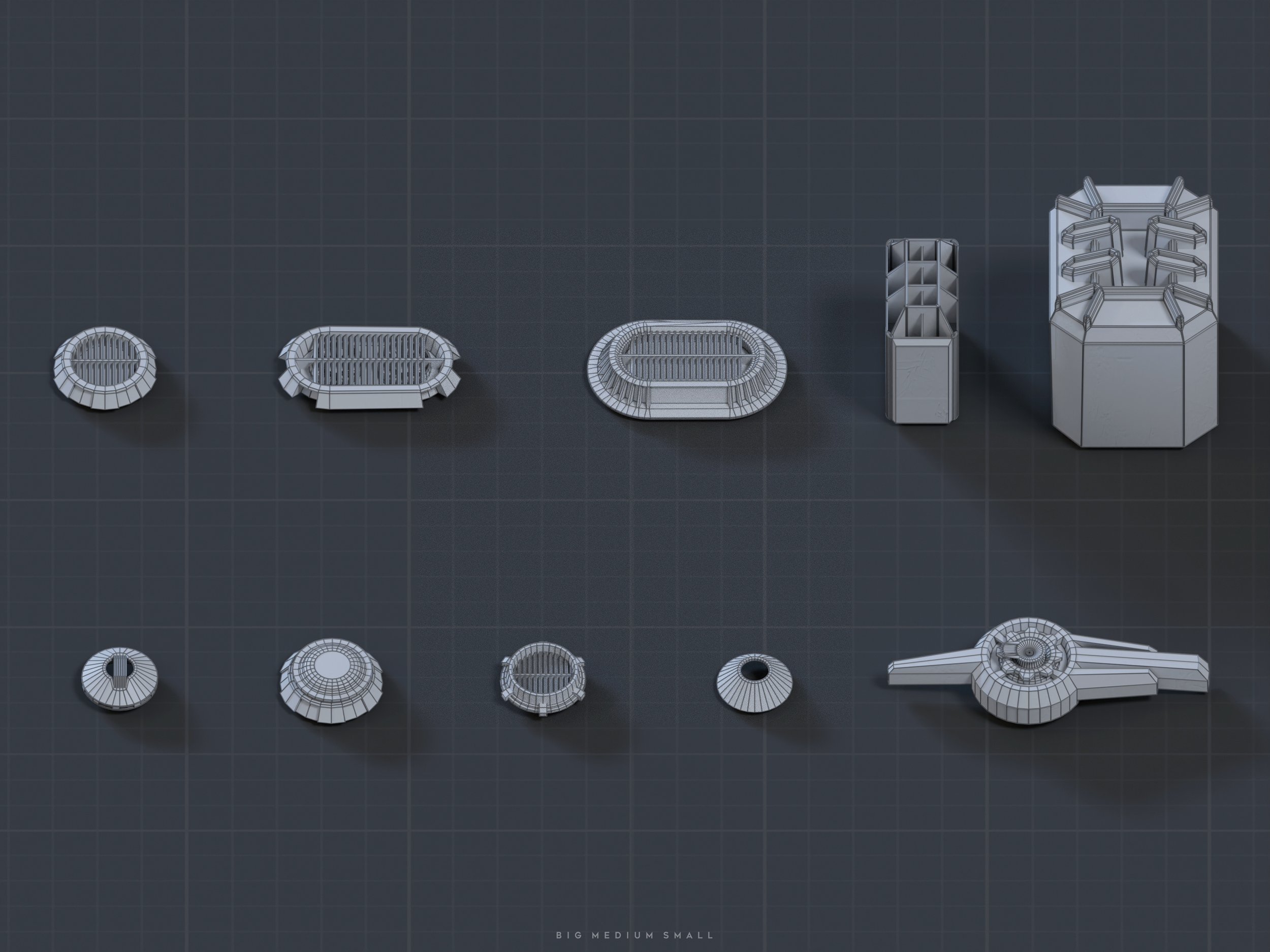 the image shows a collection of 3d wireframe models of various mechanical components or parts, likely for industrial design or engineering purposes.  the models are arranged in rows and columns on a gridded dark gray background that resembles a technical drawing or blueprint.  the parts vary in size and shape, suggesting different functions or applications. the sizes are annotated as "big, medium, small," indicating a comparative scale. the wireframe style reveals the underlying geometry of the objects. the overall impression is a technical presentation of different component designs.