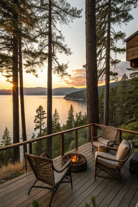 a stunning view of a lake and mountains at sunset, seen from a wooden deck with wicker chairs surrounding a fire pit. tall pine trees surround the deck, creating a tranquil and serene atmosphere. the scene evokes a sense of peace and quiet, perfect for relaxation and escape.  the image is likely from a cabin or lodge on the lake shore. the warm light of the setting sun bathes the scene in a golden glow.