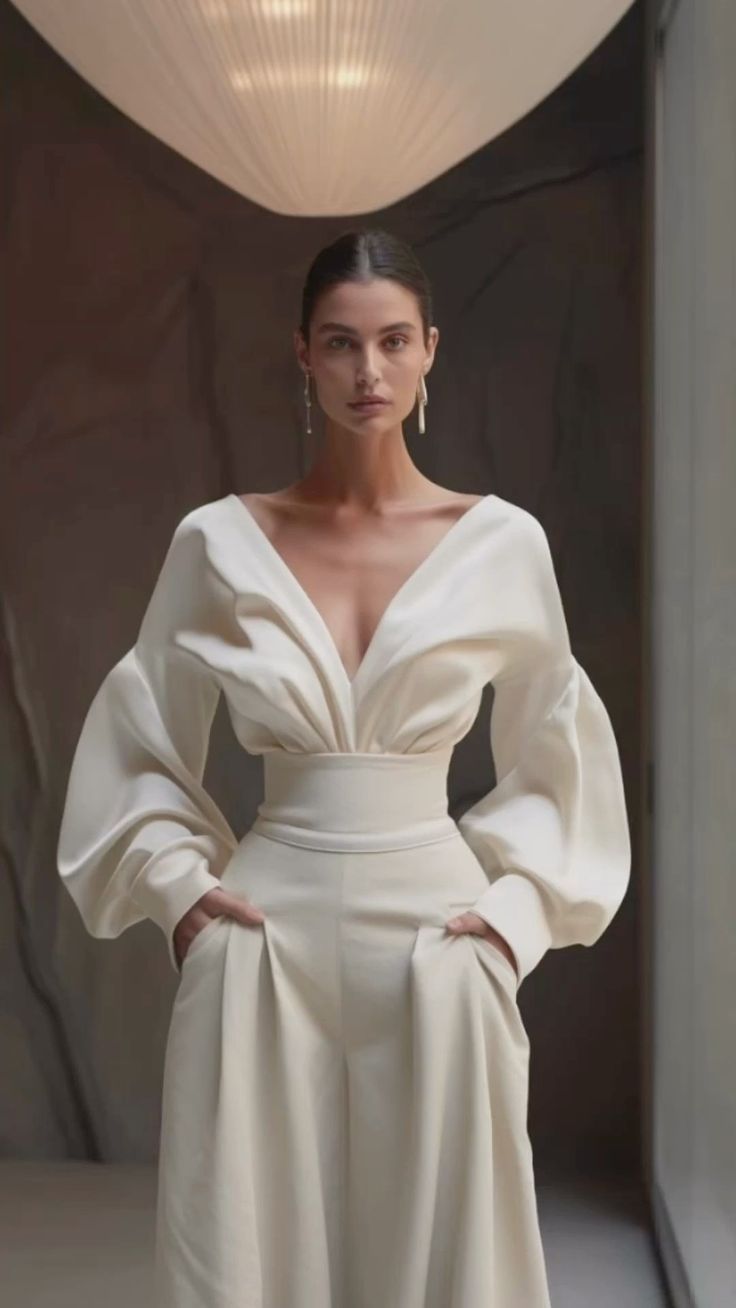 a woman is standing indoors with her hands in her pockets. she is wearing an offwhite jumpsuit with a vneck, long puffy sleeves, and highwaisted, pleated pants. she is also wearing dangling earrings. there is a modern lighting fixture above her, and a neutral wall behind her. the overall aesthetic is elegant and minimalist. the photo appears to be a studio shot.