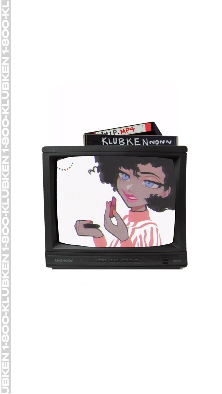 n image of a retro television set displaying an animation of a girl applying makeup.  the television is displaying a stylistic image of a young woman with an afro applying lipstick. vhs tapes are stacked on top of the television set, labeled "wip.mp4" and "klubkennonn". the phone number "1800klubken" is vertically repeated on the left side of the image.  the overall aesthetic is reminiscent of the 1980s and 1990s.