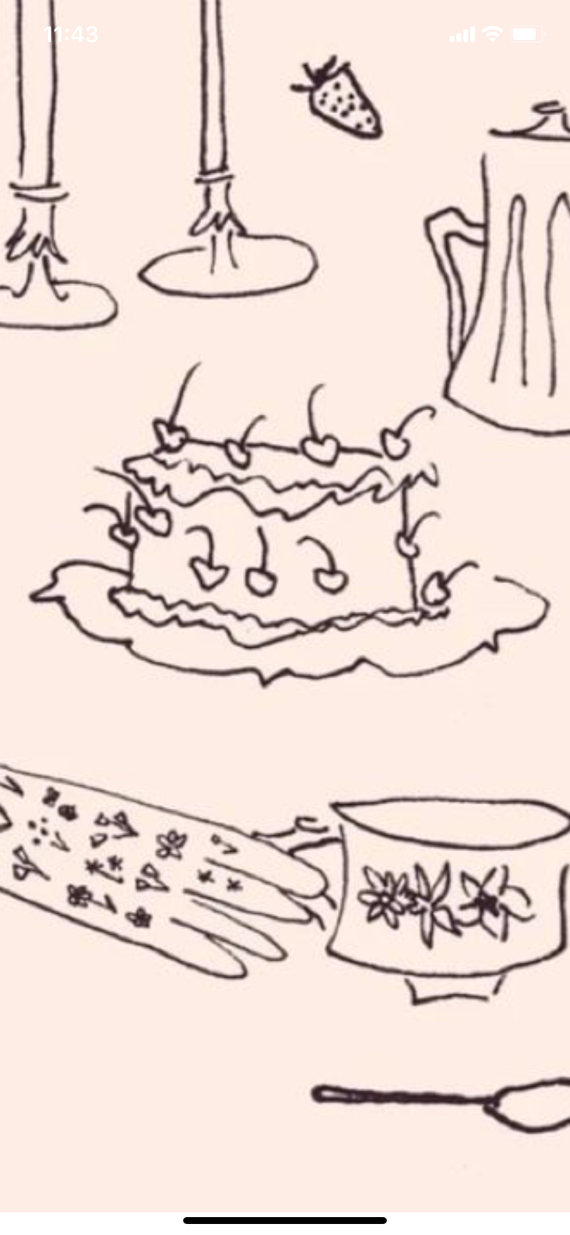 a handdrawn illustration of a cake with strawberries on top, a teapot, a teacup with flowers on it, a spoon, and a hand with flowers on it. the illustration is done in black ink on a white background.