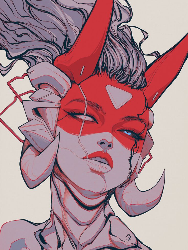 a digital illustration of a woman with long white hair, wearing a red mask with horns. the mask is covering the upper half of her face, revealing her blue eye and part of her red lips. she appears to be looking to the side, with a smirk on her face. her hair is flowing freely and has a futuristic, cyberpunk aesthetic. the background is a simple beige color.