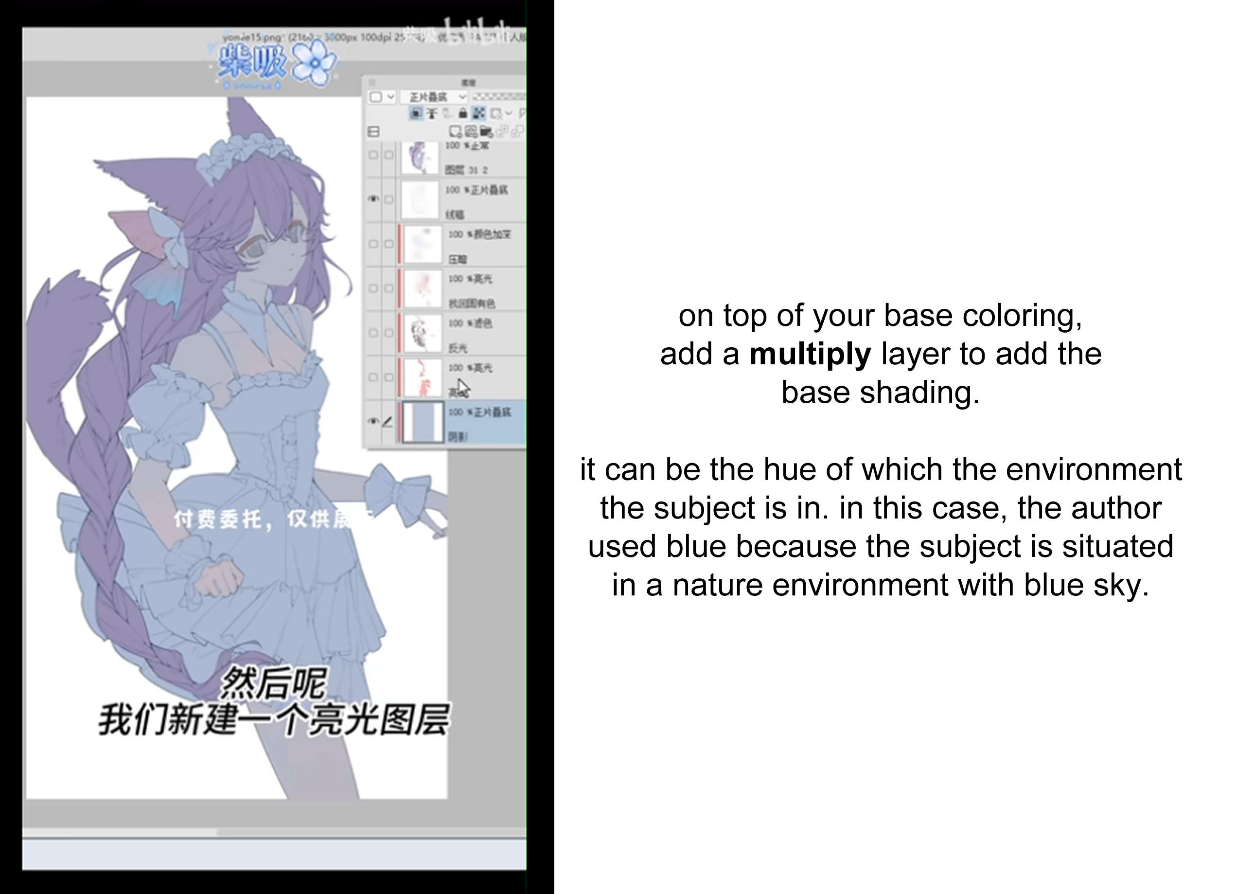 this image is a screen capture from a digital art tutorial. it shows the process of adding base shading to a digital painting. the tutorial is in chinese, but the text in english describes the process of using a multiply layer to add base shading to a character drawing.  the image also includes a description of why the artist chose blue as the base shading, since the character is situated in a nature environment with a blue sky.