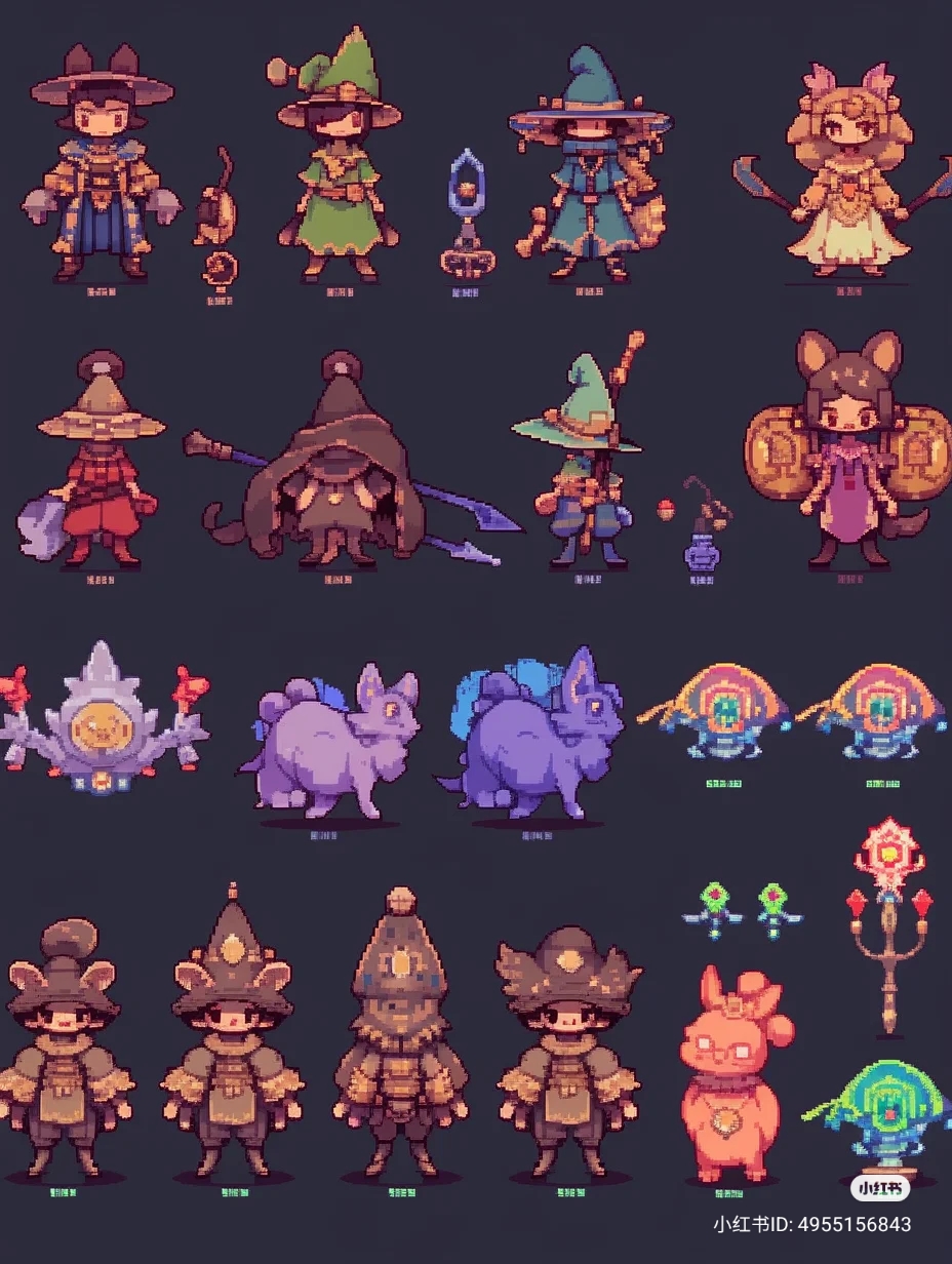 this is a collection of pixel art game assets showcasing a variety of fantasy characters and creatures. the characters are dressed in different outfits representing various classes like warriors, mages, and healers. there's also a cute, bloblike creature that could be a pet or companion. the assets are presented in a grid format against a dark gray background and seem ideal for a 2d rpg game. each asset includes additional frames for animation.