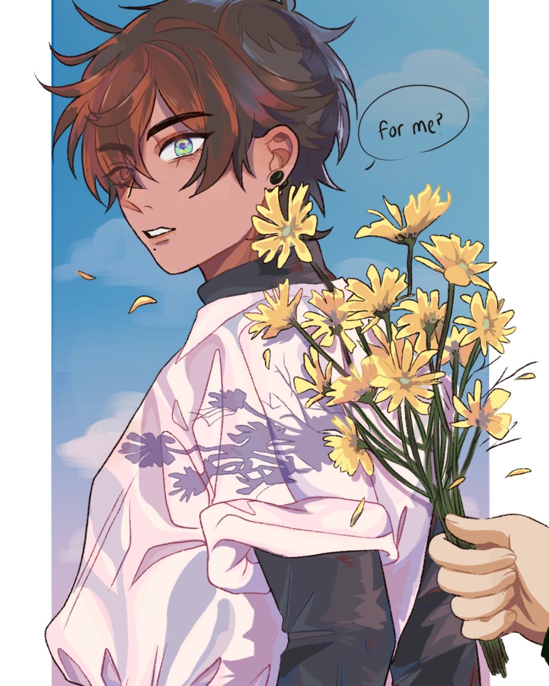 the image is a digital fan art illustration of an animestyle boy with brown hair and green eyes. he's wearing a pale pink, loosefitting shirt with a subtle floral pattern. he's receiving a bouquet of yellow daisies from an unseen hand. his expression is soft and slightly blushing, suggesting he's pleased or surprised by the gift. a small speech bubble near his head says "for me?".  the background is a soft, light blue sky suggesting an outdoor setting. the overall style is soft, romantic, and pastelcolored.