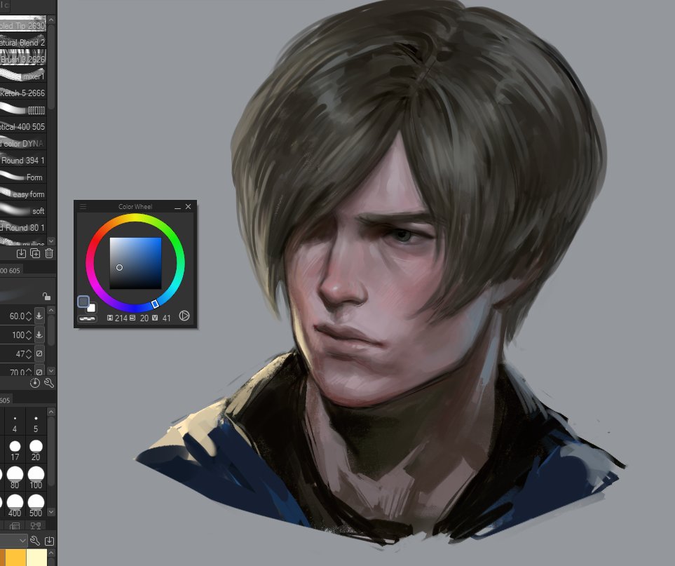 a digital painting of a man's head and shoulders is displayed. the man has short brown hair, a stern expression, and is wearing a dark shirt. to the left of the portrait is a digital art program interface including a list of brush types and a color wheel.