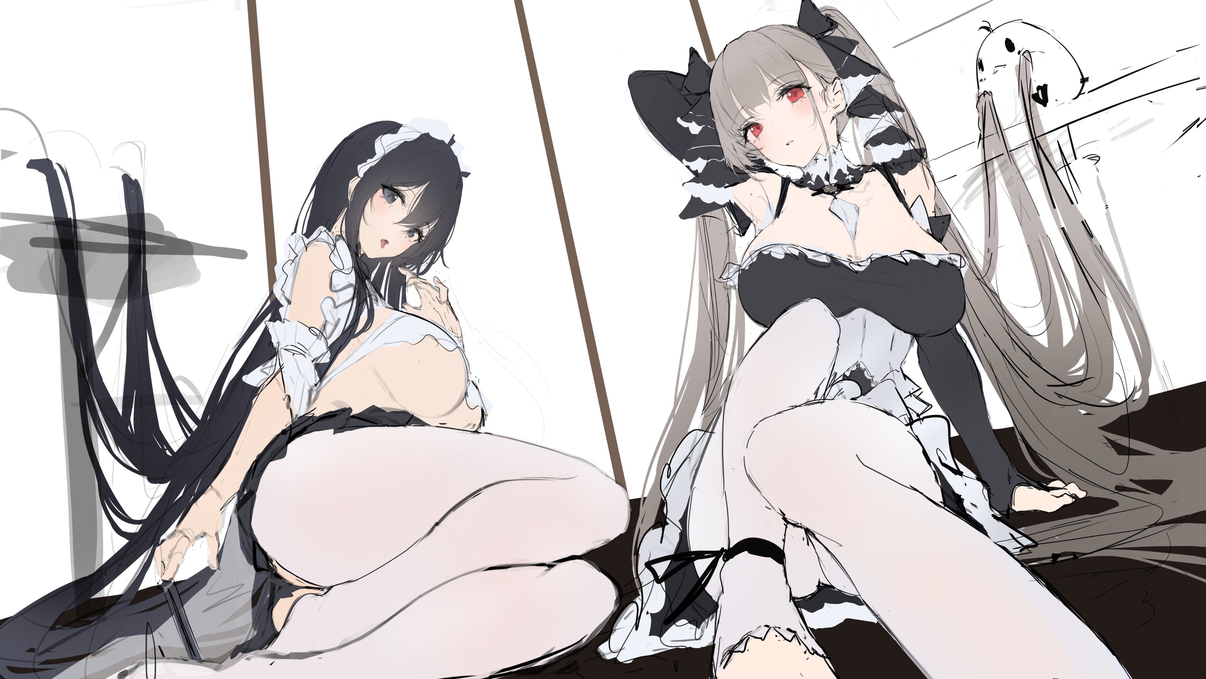 the image is a digital drawing featuring two animestyle girls dressed in maid outfits.  both have long hair—one black, the other grey—and are wearing white stockings. their outfits are predominantly black and white with frilly details. the girls are positioned sitting, with suggestive poses and expressions, exhibiting features that lean towards a more mature aesthetic. the style of the art is loose and sketchy, suggesting a workinprogress or a piece aiming for a specific artistic mood. the background is mostly dark and undefined, focusing attention on the figures. the overall tone is a blend of cute and sensual.
