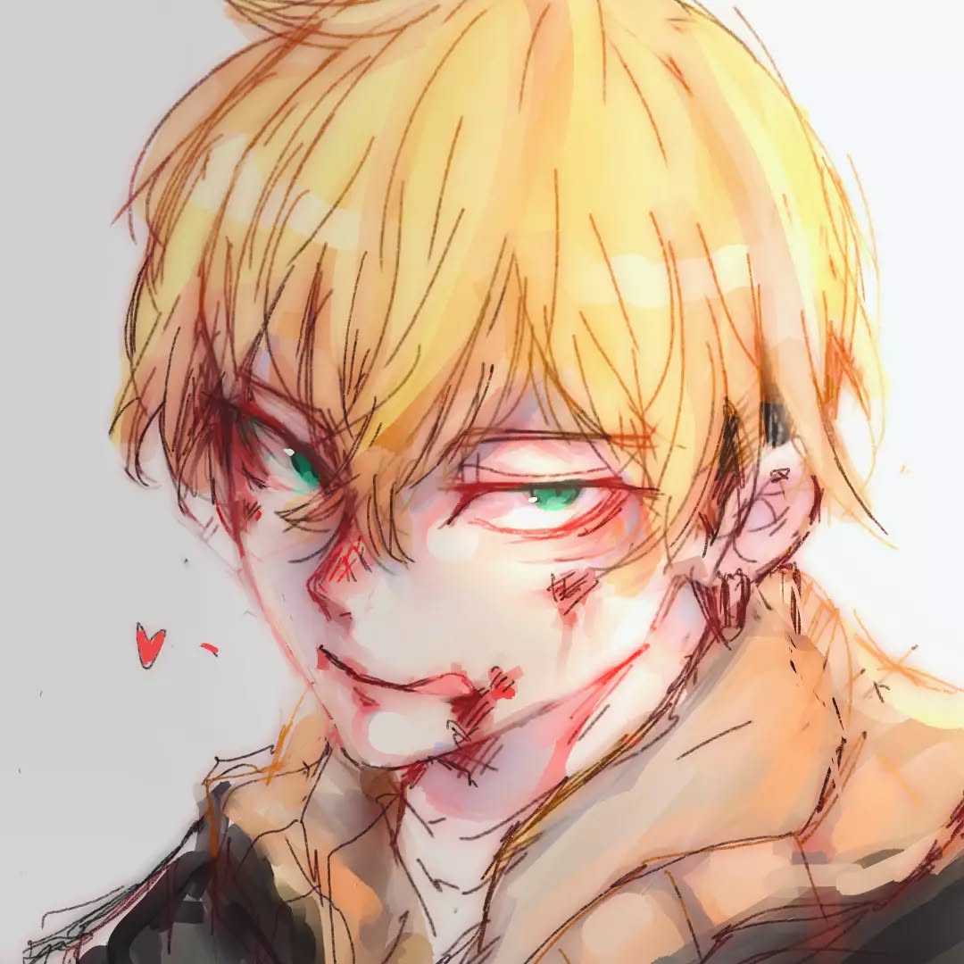 the image is a closeup digital painting of an animestyle boy with messy blonde hair and bright green eyes.  his face is partially covered in blood and scratches, suggesting recent injury. despite this, he has a somewhat mischievous or playful smirk. the style is soft and painterly, with a blend of watercolor and pastel effects. the overall mood is a mix of cute and fierce, highlighting the character's complex expression. the background is a simple, light, undefined space that focuses all attention on the boy's face and upper body.