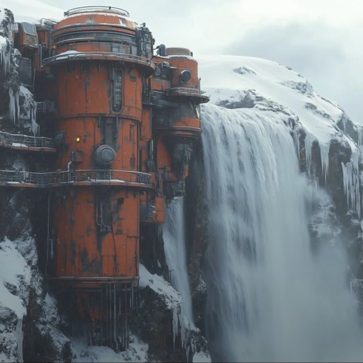a large, orange, industrial building is built into a cliff face next to a large, frozen waterfall. the building has pipes and other mechanical structures visible. the waterfall is covered in ice and snow, and the cliff face is also covered in snow and ice. the image has a futuristic and industrial feel.