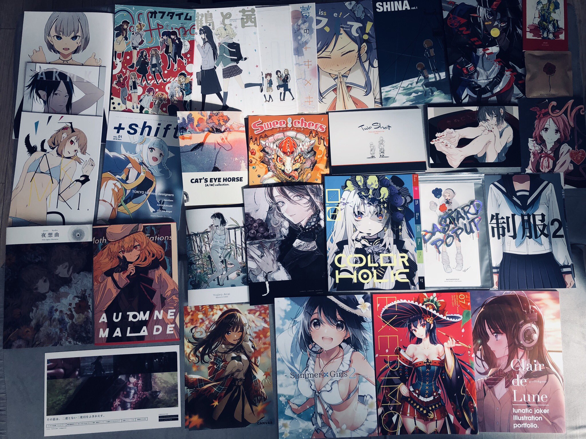 an overhead shot of a collection of anime and manga art books sprawled out on the floor.