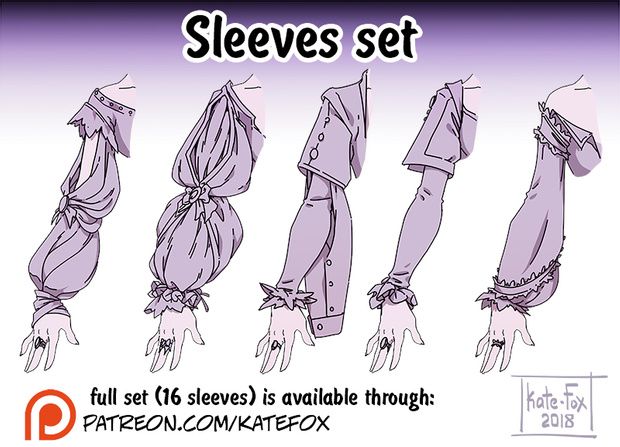 an illustration of four different sleeves. each sleeve is drawn in a different style. the sleeves are all drawn in a light purple color. the image is labeled "sleeves set" and includes the text "full set (16 sleeves) is available through: patreon.com/katefox." the text "katefox 2018" is also included in the image.