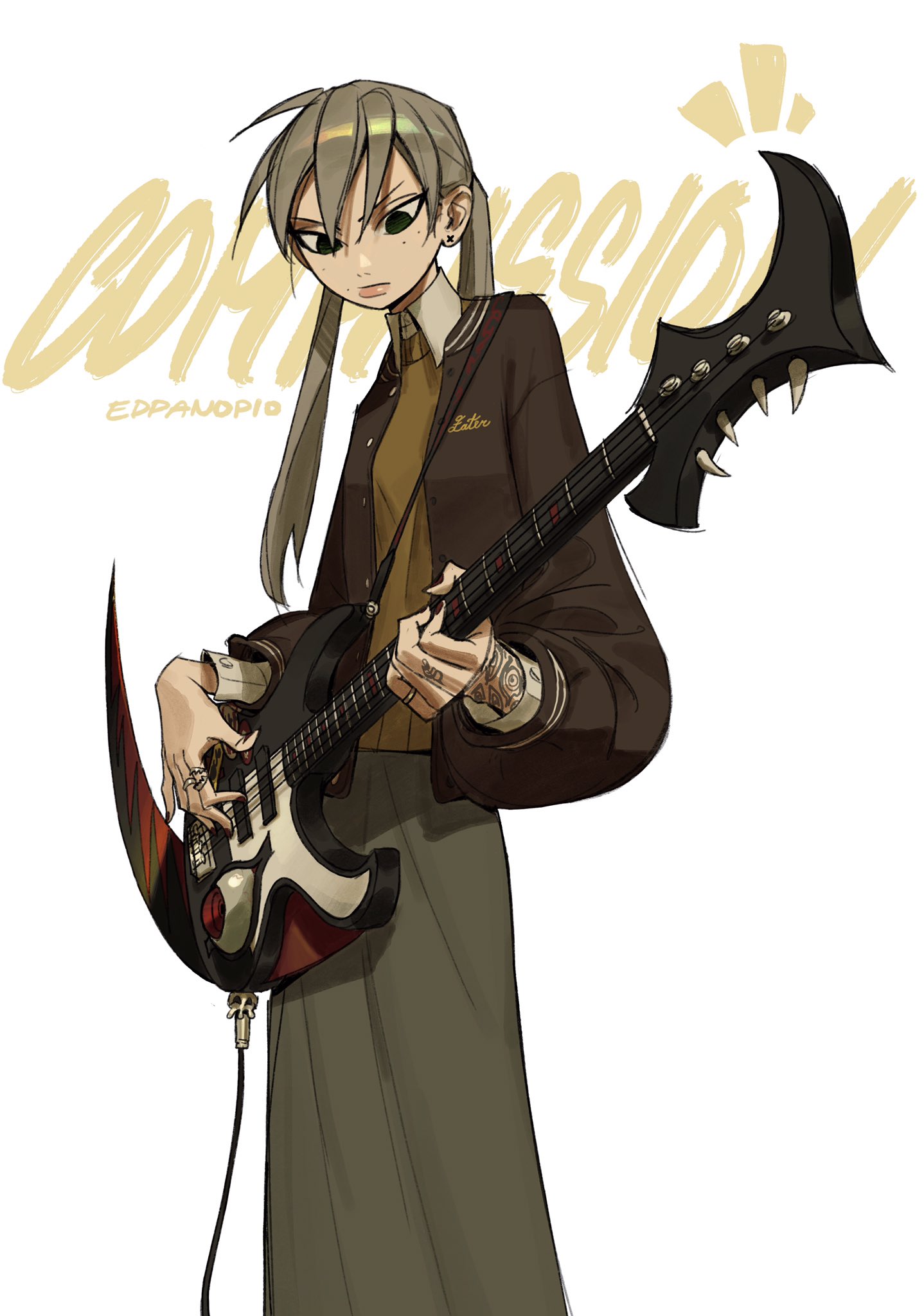 the image showcases a stylized animeesque illustration of a young woman, possibly a character design, playing a bass guitar. she has long, gray hair styled in pigtails, wears a brown jacket over a yellow sweater and a long skirt, and has multiple earrings. the bass guitar is uniquely designed with a sharp, angular body. the background has a graffitilike text “compression” and the artist's signature “edpanopio.”  the overall style is a blend of anime and a slightly more realistic rendering, with a focus on detail in the clothing and the instrument. the color palette is muted and earthy, dominated by browns, grays, and yellows. the composition is focused on the figure, with the background serving to highlight the subject.