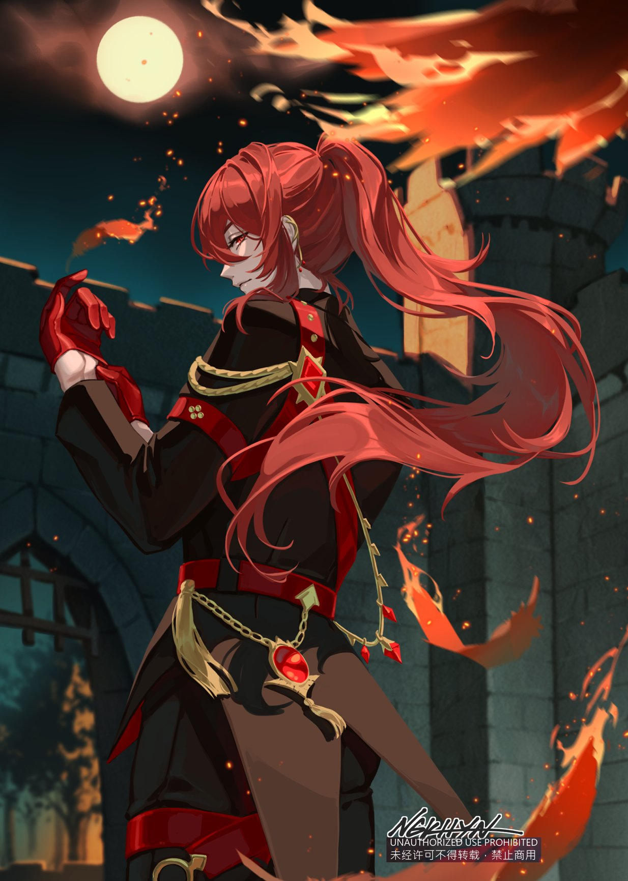 a male character with flowing long red hair in a ponytail, dressed in elegant attire, stands in a castle courtyard. flames swirl around him, illuminated by the glow of a full moon.