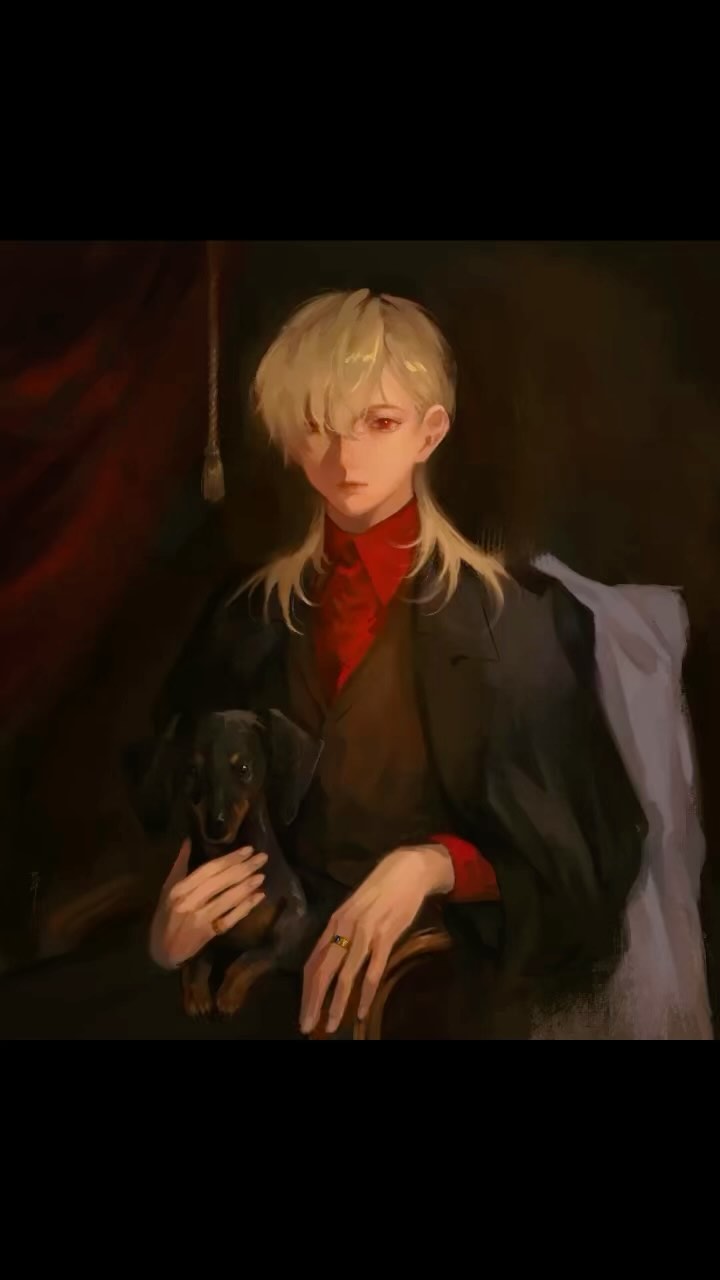 the image is a digital painting or illustration of a young animestyle boy with long blonde hair. he's wearing a darkcolored jacket over a red shirt and is holding a small black dachshund in his lap.  the style is reminiscent of a classical portrait, with a dark, moody background and a focus on the subject. the overall mood is elegant and slightly mysterious. the boy appears calm and composed.  the lighting highlights his features and the texture of his clothing and the dog's fur.  a golden ring is visible on his left hand.