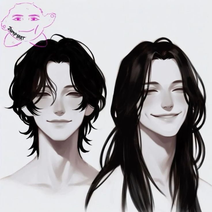 the image features a digital art portrait of two males drawn in an anime style. both characters are smiling with their eyes closed, showcasing a joyful expression. they both have black hair, one with a shorter, tousled hairstyle and the other with long, flowing locks. the image is cropped to show their heads and shoulders, with a white background emphasizing the characters. a small doodlelike drawing of a pink blob with a smiling face is also visible at the top left corner, along with the signature "dumpyart."