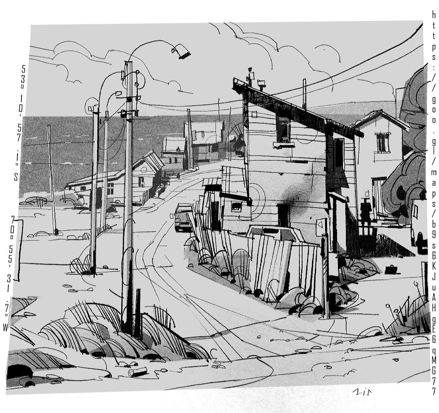 a black and white sketch of a small town, with houses lining a street leading down to the ocean shore. the sketch is done in a loose and impressionistic style, with the lines and shapes suggesting rather than precisely depicting the objects in the scene. the houses are simple and unassuming, with the houses all having different sizes and shapes, suggesting they were built organically over time. the power lines in the foreground add to the rural atmosphere, creating a sense of place and time. the sky is filled with clouds, suggesting a passing storm, creating a mood of tranquility and peace.  the sketch evokes a feeling of nostalgia and longing for a simpler time and place.