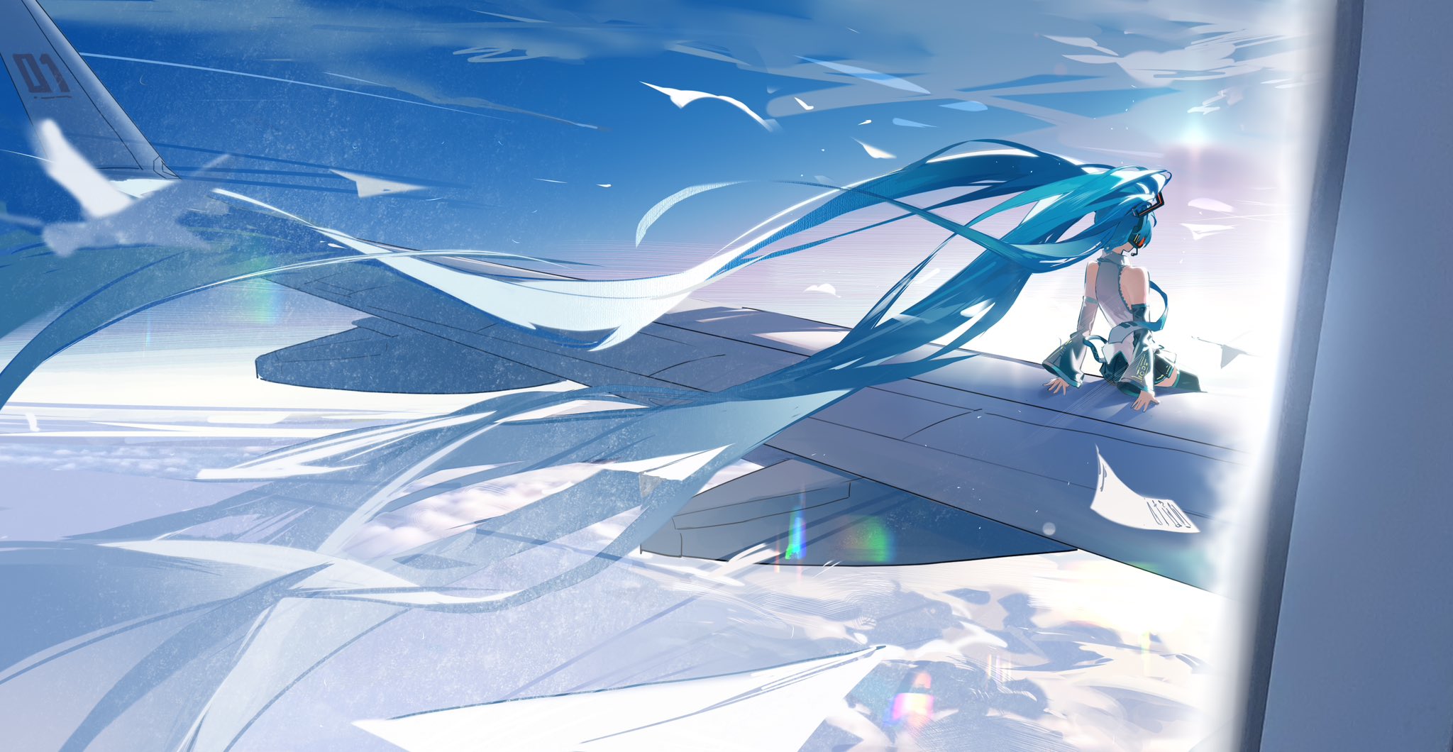 the image is a digital painting or illustration featuring hatsune miku, a popular vocaloid character, sitting on the wing of an airplane in flight.  miku's long, flowing turquoise hair streams behind her, seemingly blending with the movement of the aircraft and the clouds below.  the scene is set against a bright, clear sky with fluffy white clouds, conveying a sense of serenity and freedom.  a portion of the airplane's interior, suggesting a window view, is visible in the lower right corner. the overall style is painterly, with soft lines and a dreamy atmosphere.  the colors are predominantly blues, whites, and turquoise, reinforcing the peaceful and ethereal feeling.