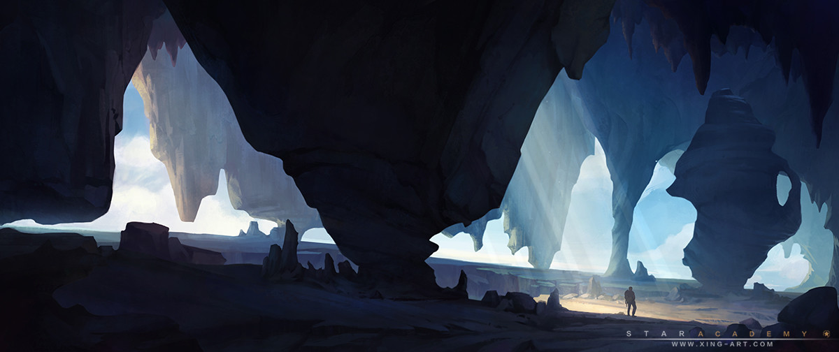 the image is a digital painting depicting a breathtakingly vast and atmospheric desert landscape viewed from within a large, shadowy cave.  the cave's overhang reveals a sunlit expanse of unusual rock formations that resemble pillars and spires, stretching out into the distance.  the color palette is muted, with deep blues and dark shadows contrasting against the brighter, more subtly colored sky and rock surfaces. two tiny figures of people are visible in the distance, providing a sense of scale and adding to the mysterious and lonely atmosphere. the overall style is fantasyesque, suggestive of an otherworldly or unexplored location. a watermark reading "star academy" and a website address are visible in the lower right corner.
