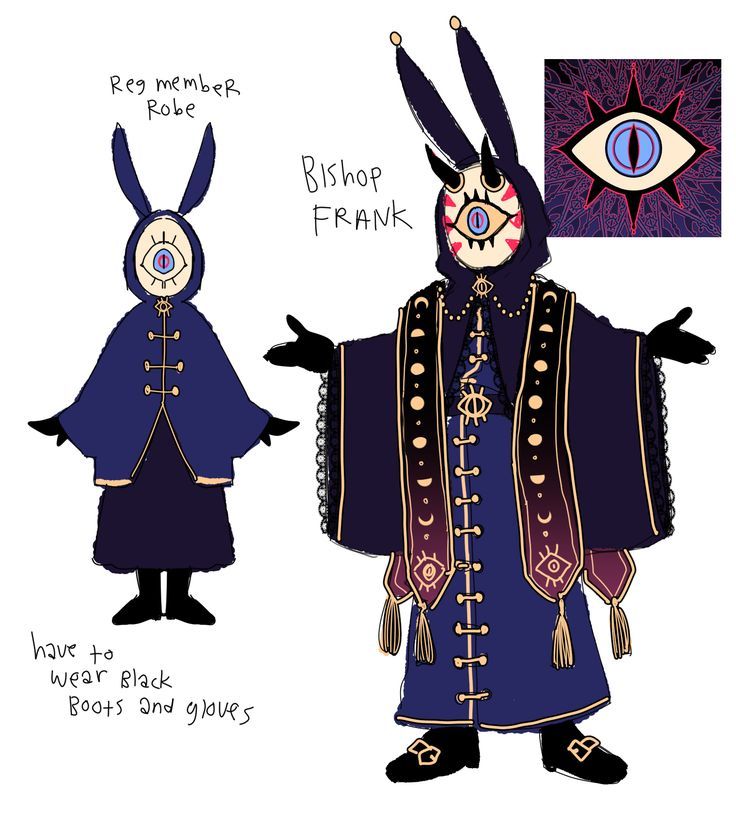 the image shows character designs for "bishop frank" and a "reg member robe" in a fantasy style. both figures wear dark blue robes with intricate designs, including moon phases and occult symbols. they both have masks with a central eye motif. the image also notes that black boots and gloves should be worn. there's a separate drawing of the central eye symbol on the top right.