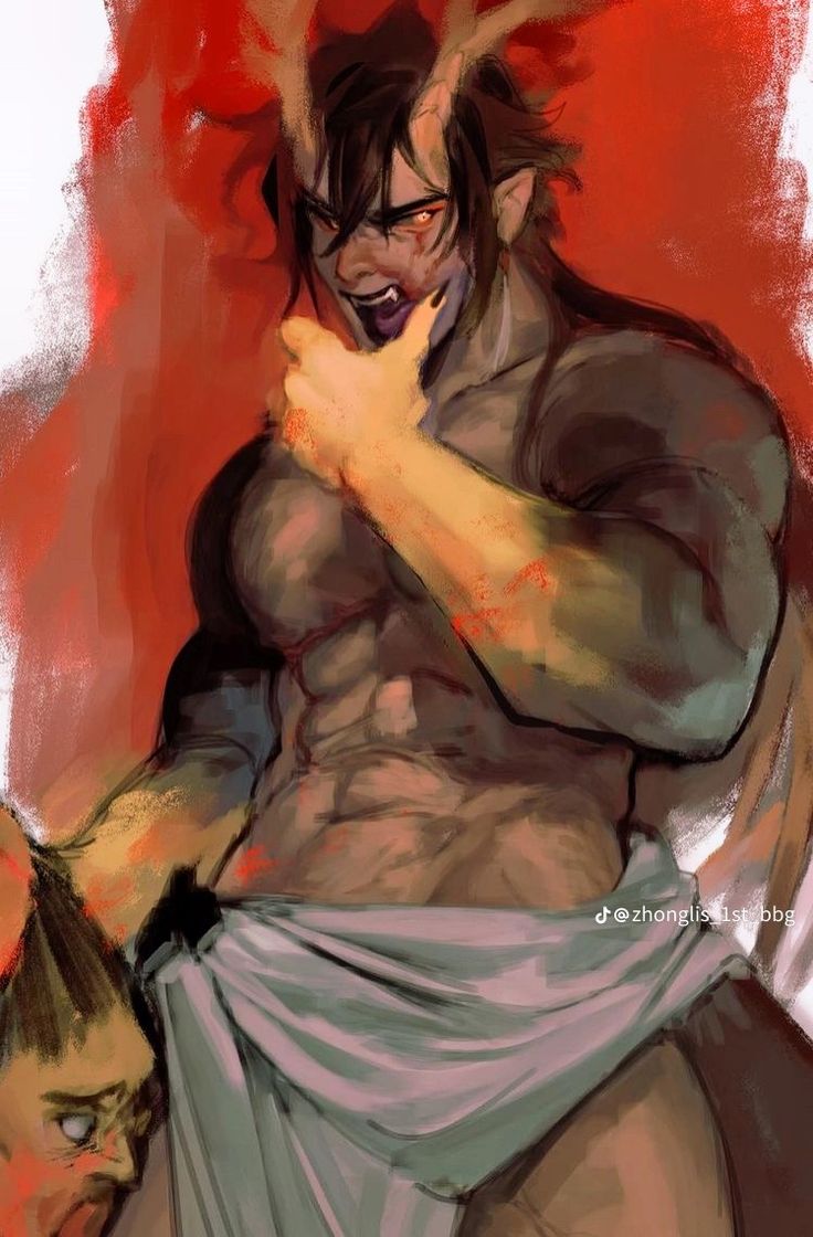 the image is a digital painting of a demon or monster, with horns, fangs, and a muscular physique, holding a human in their grip. the background is red and filled with bloody strokes. the demon has an angry expression with a bloody mouth. the image conveys a sense of violence and danger, with the demon's grip on the human and the menacing look on their face. the overall tone is dark and unsettling, with a hint of horror. the painting is done in a loose and impressionistic style, with bold strokes and a focus on the contrast between light and shadow. the painting is both visually arresting and emotionally impactful.