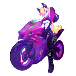this is a digital art illustration featuring an anime girl with long blonde hair riding a pink and purple futuristic motorcycle. she is wearing a black racing suit with white accents and a pink and black helmet with goggles. she is riding at a high speed on a neonlit road. the image is full of action and energy, and it is a great example of cyberpunk art.