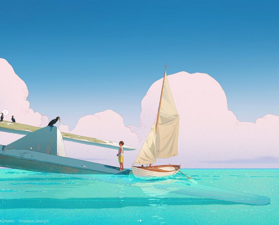a sailboat with a white sail is anchored in the turquoise blue water. the boat is in the middle of the image, with a man standing in the front of it. there is a piece of a plane in the water behind the boat, with two seabirds on the piece. the sky is a vibrant blue, with fluffy white clouds. the water is clear and sparkling, and the overall scene is peaceful and relaxing. the image has a whimsical and dreamy quality, and it evokes a sense of freedom and adventure.
